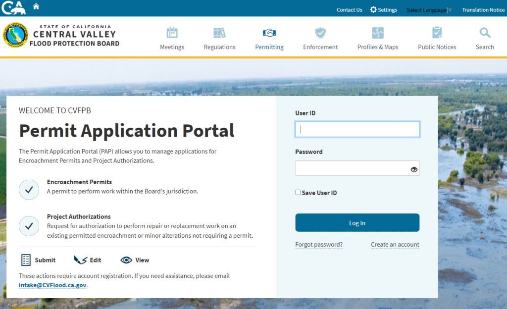 Screenshot of the Permit Application Portal log on window