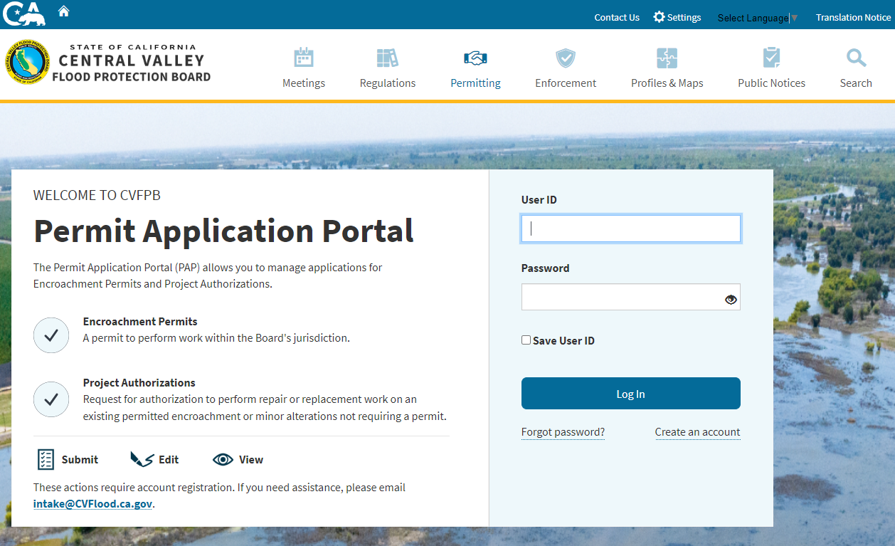 Screenshot of the Permit Application Portal log on window